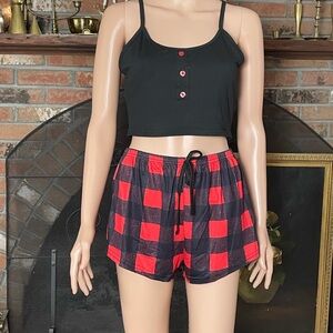 Black Crop Top and Red Checkered Shorts Set